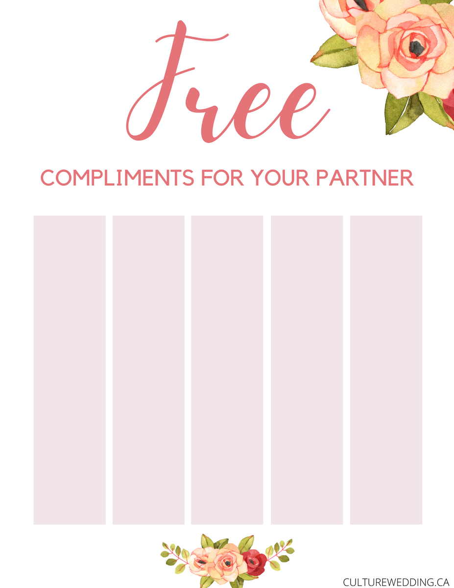 Compliment Your Partner Printable Work Sheet 6 pages – Culture Weddings Printable Store for Free Compliments For Coworkers Printable