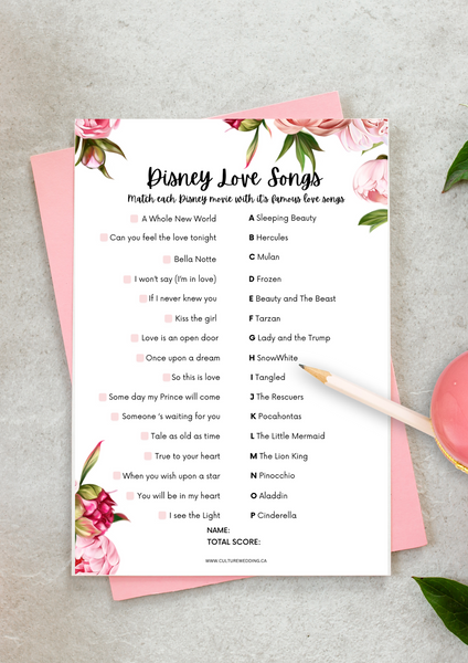 Disney Love Songs Bridal Shower Game (Printable)