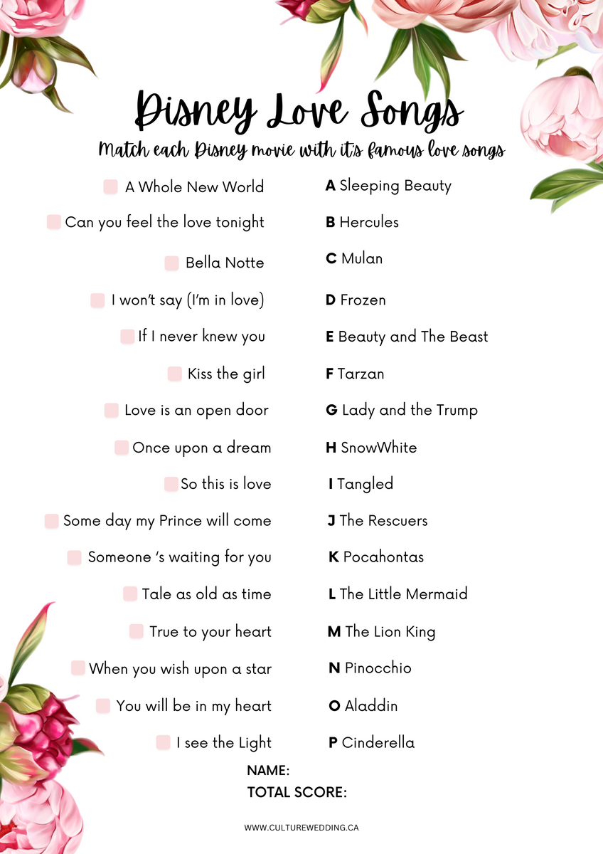 Disney Love Songs Bridal Shower Game (Printable) – Culture Weddings ...