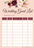 Elegant Marsala Wedding Guests List - Culture Weddings Printable Store