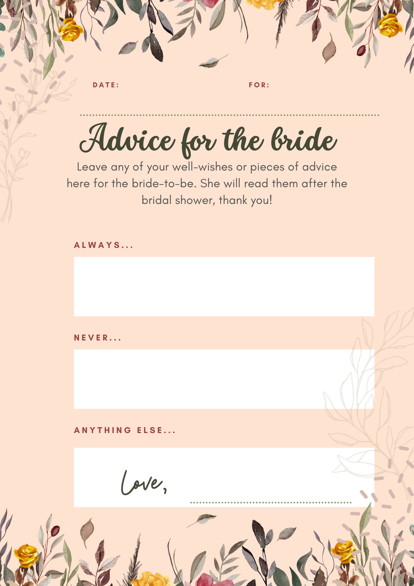 FREE Printable Wedding Advice Cards - FREEAdvicefortheBrideBridalShowerA4Document 1200x1200 